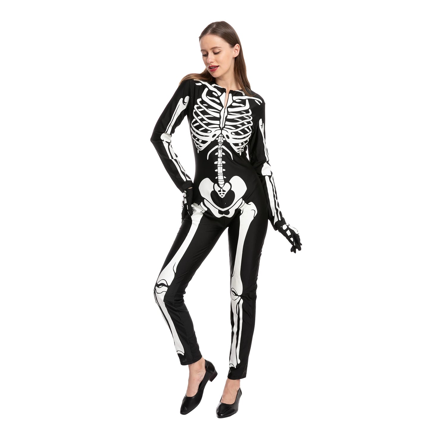 Glow in the Dark Skeleton Costume for Adults Women Halloween Dress up Party Role Playing Cosplay