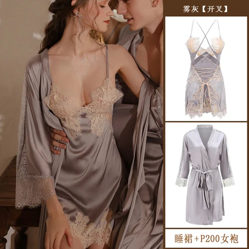 Luxury Silk Lace Bathrobe Robe Women Sleepwear Set Sexy Bride Bridesmaid Gift Kimono Gown Nightwear Lingerie Pajama Dress